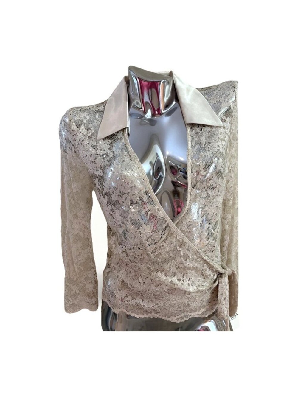 VTG Y2K Women’s Lace Wrap Top Size 2 Ivory Sheer Satin Collar Fairy Romantic NWT